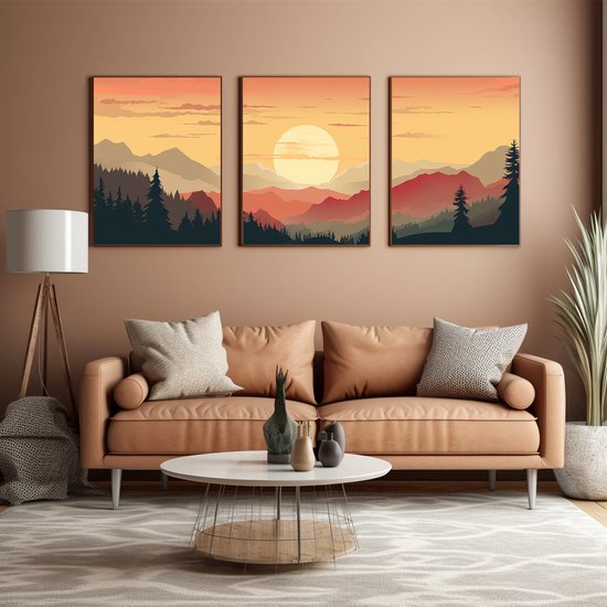 Drieluik poster met de zonsopkomst in de bergen - Minimalistisch aarde tinten - 3 maal 50x70cm met zwarte kunststof wissellijst