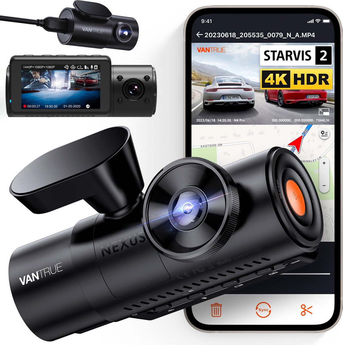 Vantrue N4 Pro Triple 3CH 4K Wifi GPS dashcam voor auto