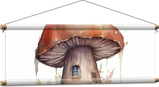 Textielposter - Waterverf Tekening van Paddenstoelen Huisje - 90x30 cm Foto op Textiel