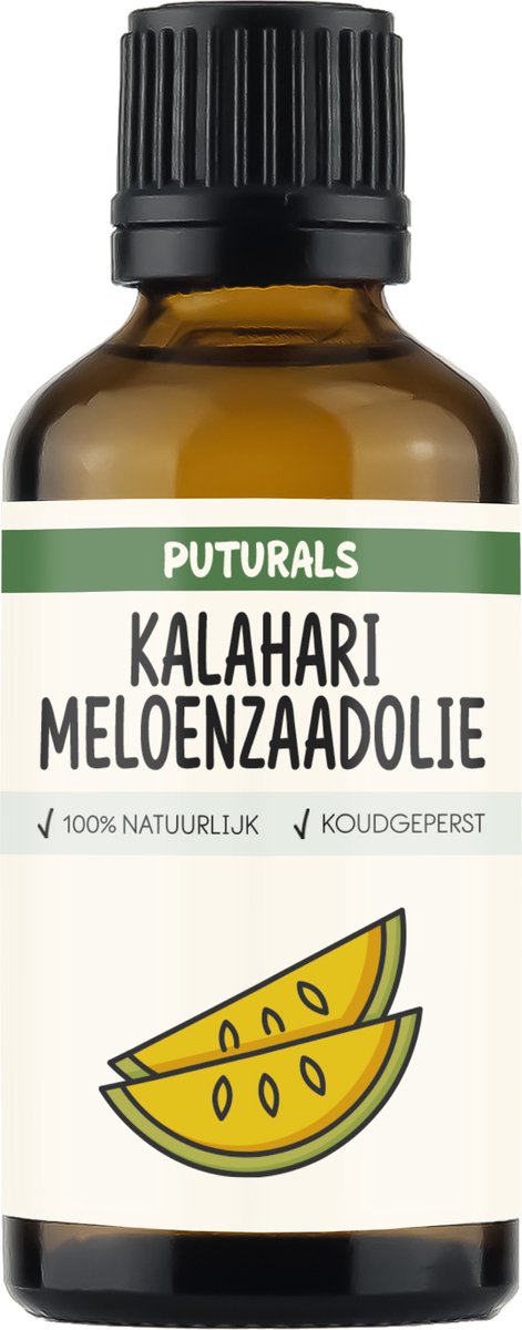 Puturals Kalahari Meloenzaadolie 100% Biologisch - 50 ml - Puur en Koudgeperst - Kalahari Meloenzaadolie Voor Huid, Haar en Lichaam - Rijk aan Essentiële Vetzuren, Antioxidanten en Vitamine E - Bruine Glazen Druppelfles