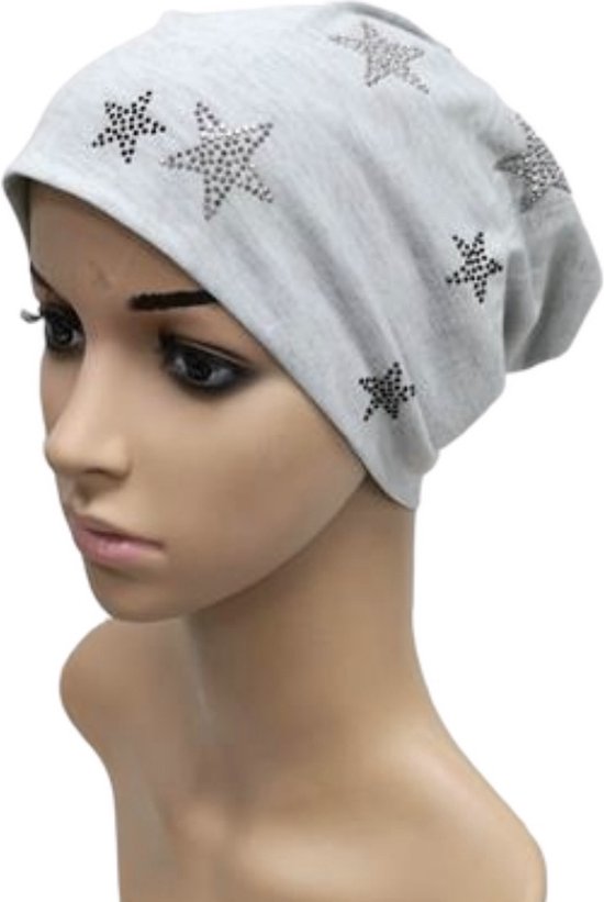 Chemo Muts - Beanie - Grijs - Sterretjes - Strass - One Size (36074#)