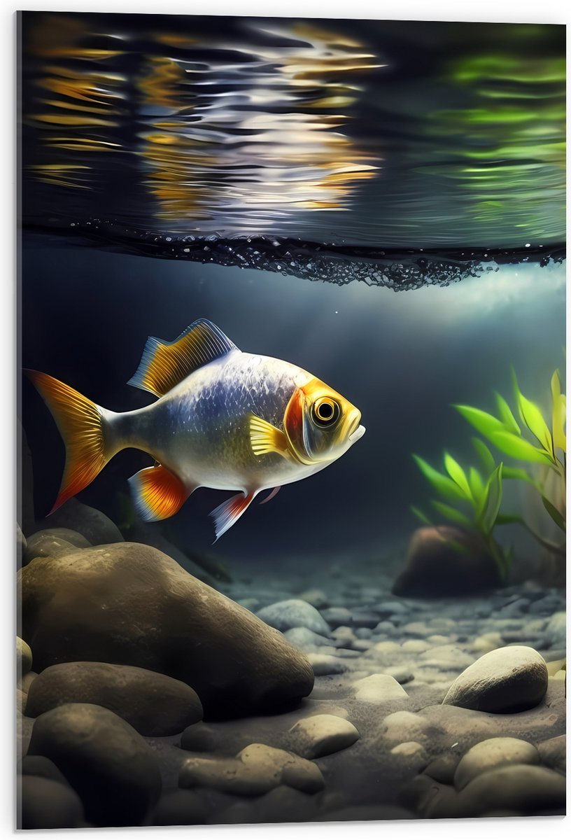 Acrylglas - Zilver met Oranjekleurige Vis Zwemmend in Aquarium - 50x75 cm Foto op Acrylglas (Wanddecoratie op Acrylaat)