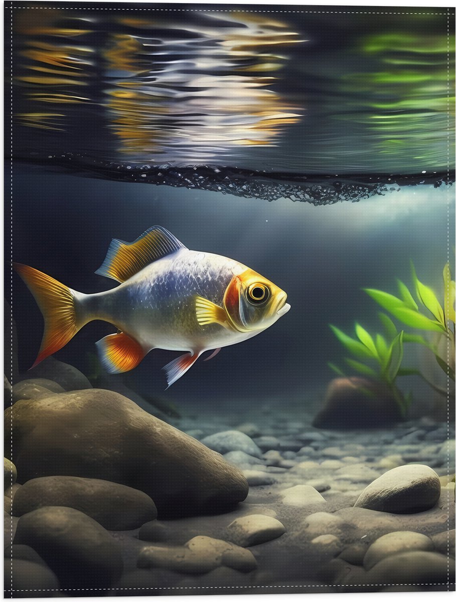 Vlag - Zilver met Oranjekleurige Vis Zwemmend in Aquarium - 30x40 cm Foto op Polyester Vlag