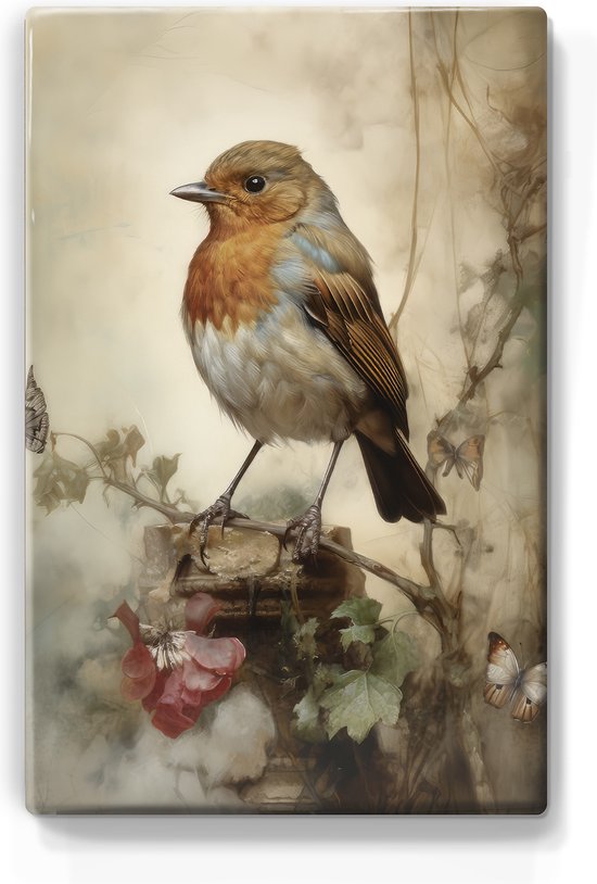 Robin - Mini Laqueprint - 9,6 x 14,6 cm - Indiscernable d'une véritable peinture sur bois peinte à la main - Plus belle qu'une impression sur toile.