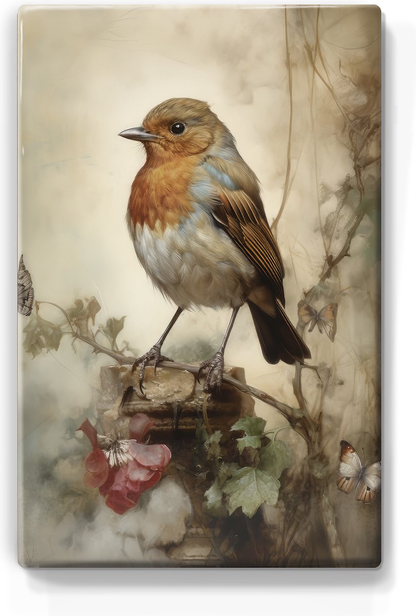 Roodborstje - Mini Laqueprint - 9,6 x 14,6 cm - Niet van echt te onderscheiden handgelakt schilderijtje op hout - Mooier dan een print op canvas.