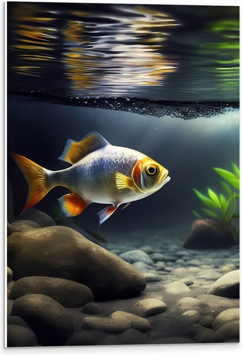 PVC Schuimplaat- Zilver met Oranjekleurige Vis Zwemmend in Aquarium - 40x60 cm Foto op PVC Schuimplaat
