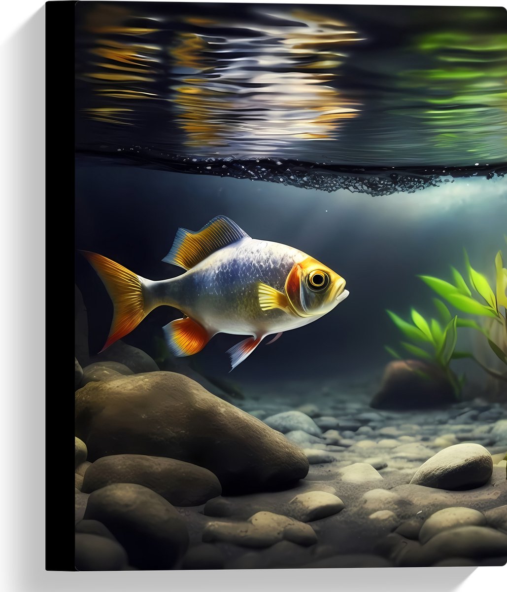 Canvas - Zilver met Oranjekleurige Vis Zwemmend in Aquarium - 30x40 cm Foto op Canvas Schilderij (Wanddecoratie op Canvas)