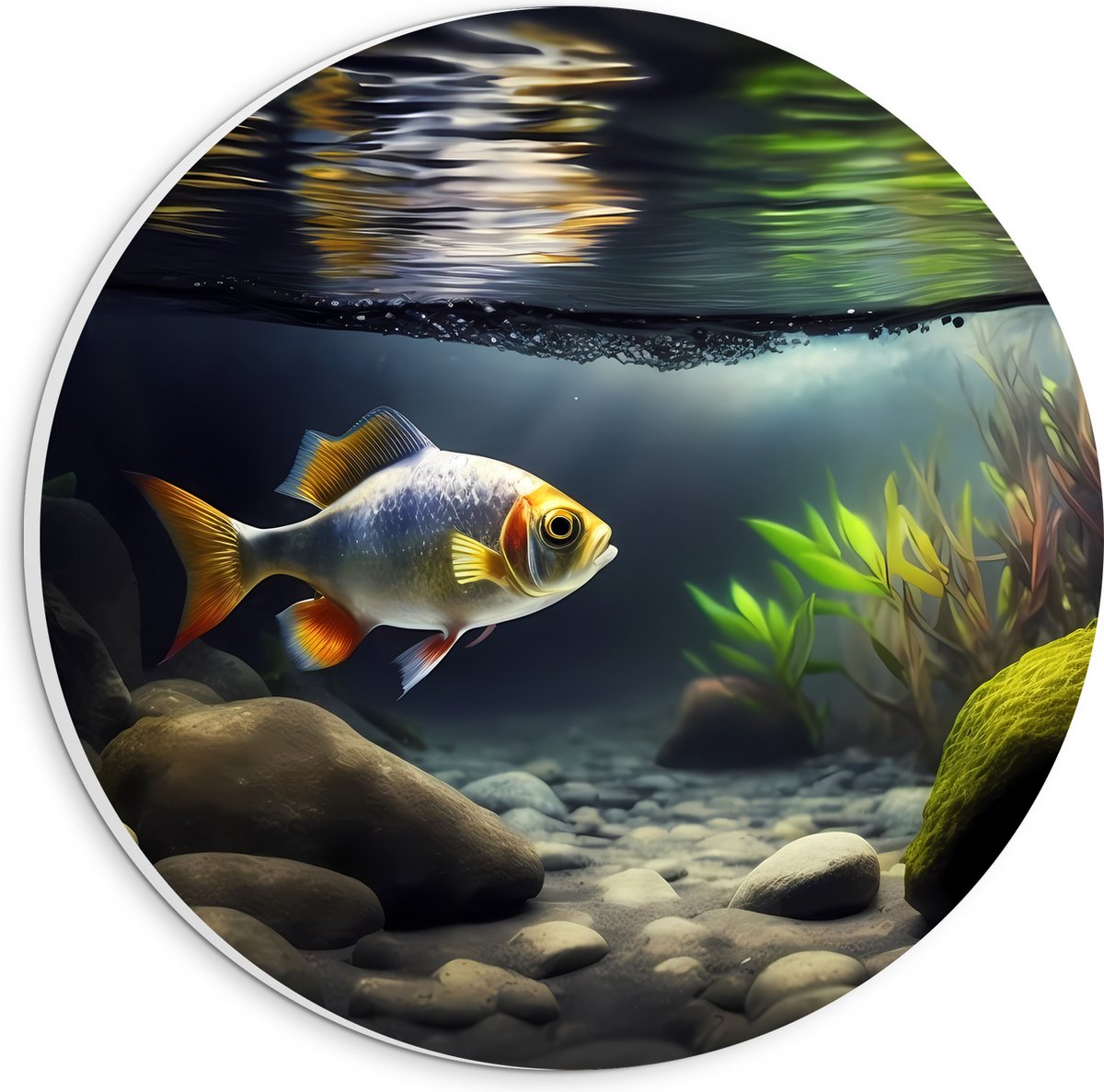 PVC Schuimplaat Muurcirkel - Zilver met Oranjekleurige Vis Zwemmend in Aquarium - 20x20 cm Foto op Muurcirkel (met ophangsysteem)