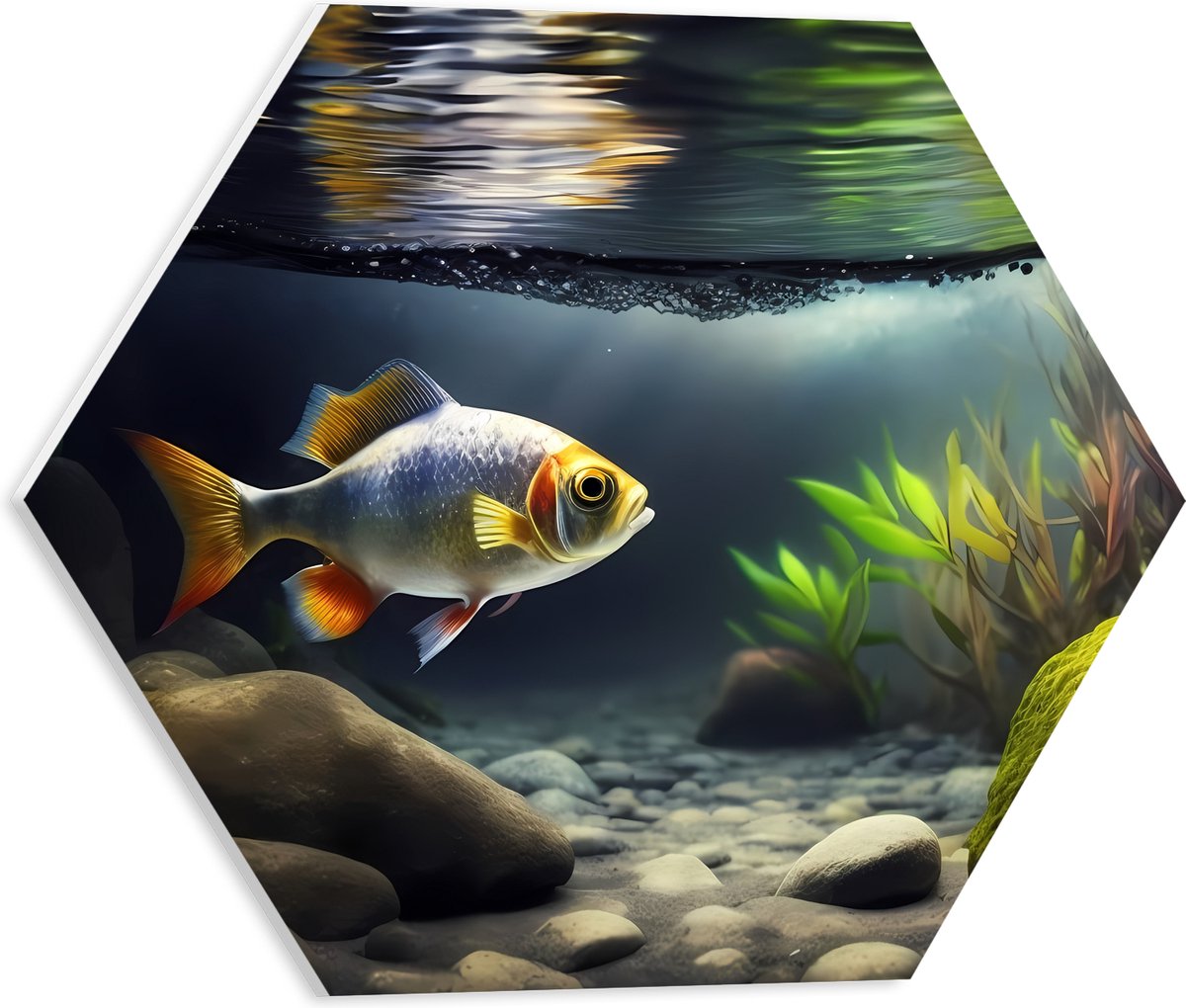 PVC Schuimplaat Hexagon - Zilver met Oranjekleurige Vis Zwemmend in Aquarium - 40x34.8 cm Foto op Hexagon (Met Ophangsysteem)