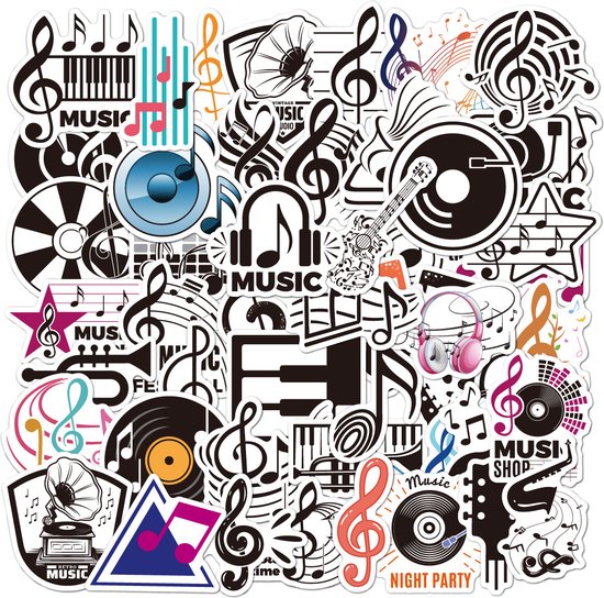 Ensemble d'autocollants de Musique avec notes de musique, clés et Instruments de musique (guitare, piano, phonographe) - 50 autocollants
