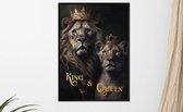 Leeuwenkoppel als King & Queen - GoudFolie Tekst "King & Queen" - poster afmetingen 50x70cm met zwarte kunststof wissellijst