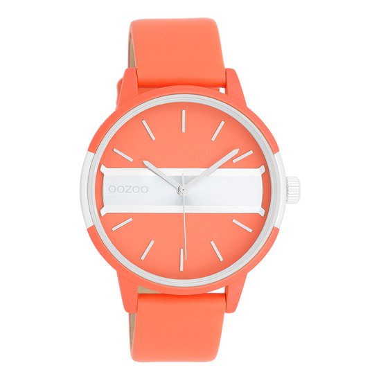 OOZOO Timepieces - Neon rode/goudkleurige OOZOO horloge met neon oranje leren band - C11190