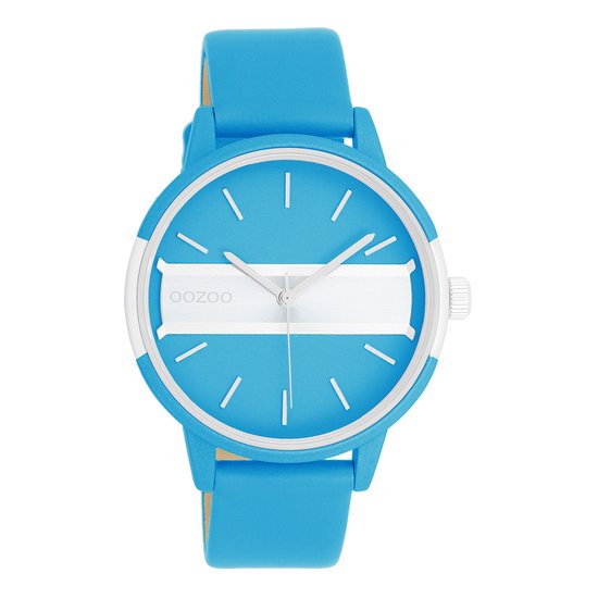 OOZOO Timepieces - Neon blauw/goudkleurige OOZOO horloge met felblauwe leren band - C11188