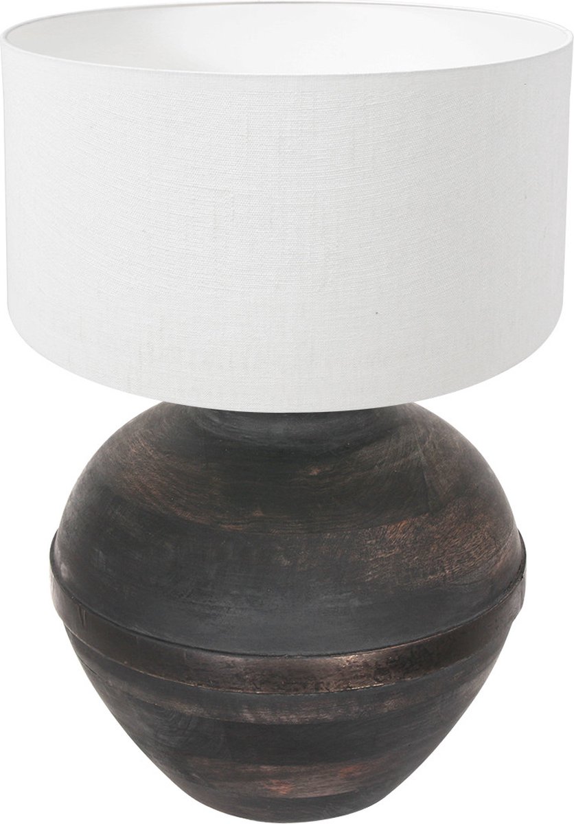 Bolvormige houten tafellamp Lyons met kap | 1 lichts | zwart / wit | hout / linnen | Ø 40 cm | 57 cm hoog | dimbaar | modern / sfeervol design