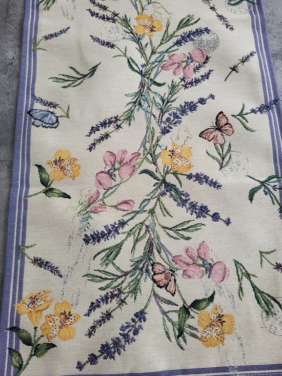 Tafelloper 40 x 140 cm tafelkleed Pasen tafeldecoratie lente wit bont bloemen en vlinders