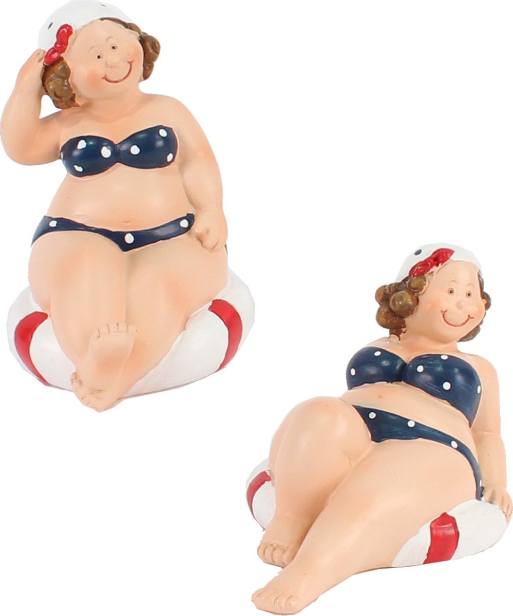 Woonkamer decoratie beeldjes set van 2 dikke dames - blauw badpak - 10 cm