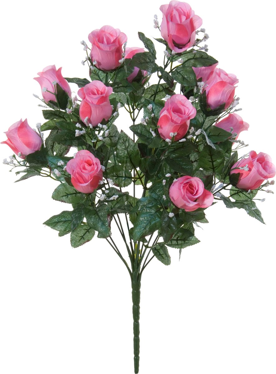 Louis Maes Kunstbloemen boeket rozen/gipskruid - lichtroze - H56 cm - Bloemstuk - Bladgroen