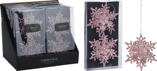 Doos met kersthanger sneeuwvlokken en losse roze glitter sneeuwvlokken
