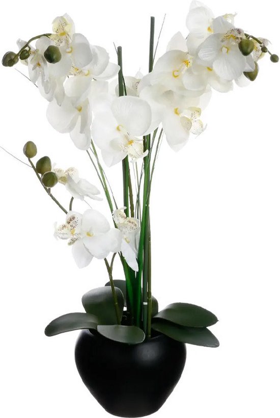 Atmosphera Orchidee bloemen kunstplant in zwarte bloempot - witte bloemen - H53 cm