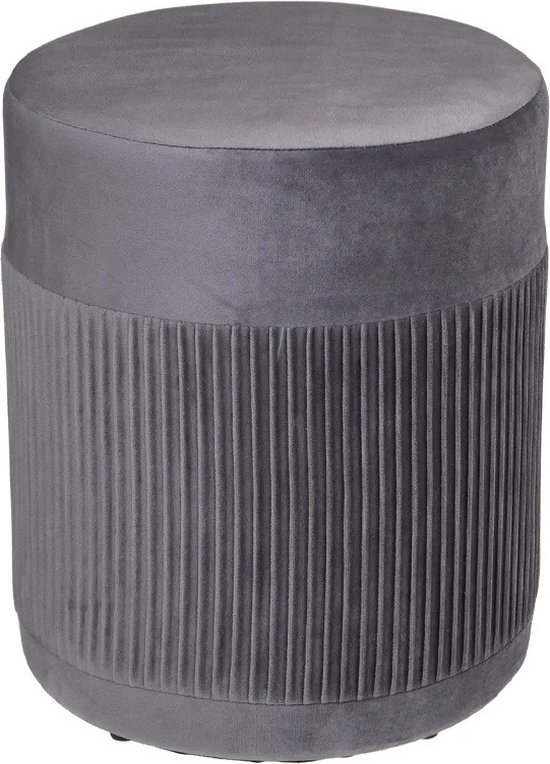 Atmosphera Poef om te zitten - hout/stof - grijs fluweel - D31 x H38 cm - bijzet stoeltjes