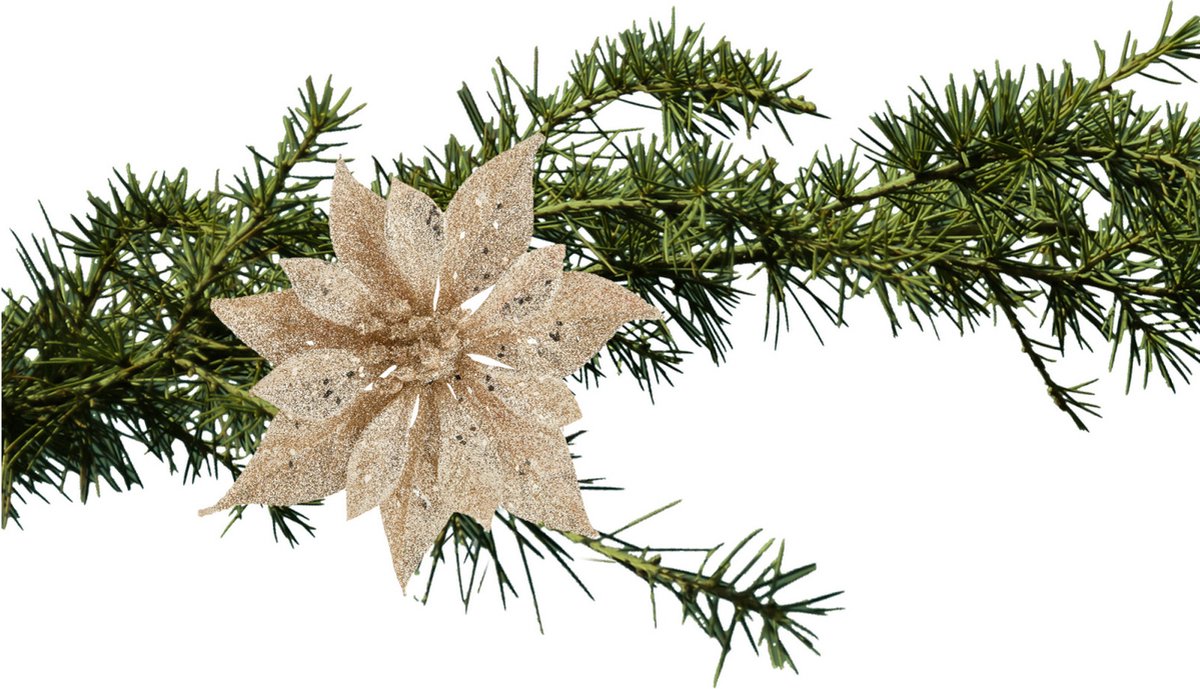 Cosy and Trendy kerstboomversiering bloemen op clip -2x -champagne -18 cm glitters
