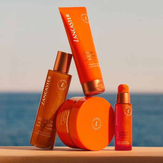 Lancaster Golden Tan Maximizer Huidolie, After Sun Balsem en After Sun Serum in oranje verpakkingen.