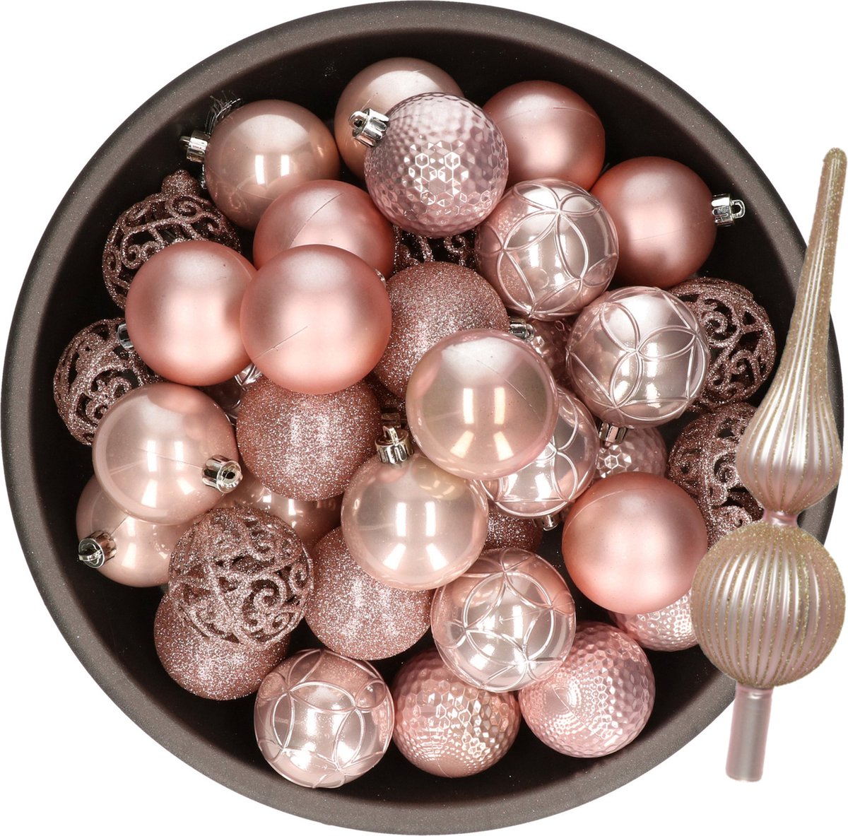 Kerstversiering set met 38-dlg lichtroze kunststof kerstballen en glazen piek.