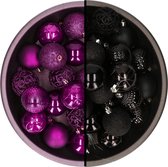 Decoris kerstballen - 74x st - zwart en paars - 6 cm - kunststof