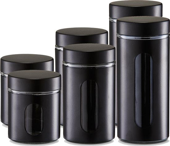 Voorraadpotten/blikken met venster - 6x - zwart - 600 tot 1200 ml - metaal