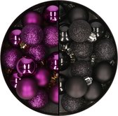 Decoris kleine kerstballen - 28x st - zwart en paars - 3 cm - kunststof