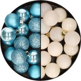 Decoris kleine kerstballen - 28x st - wol wit en ijsblauw - 3 cm - kunststof