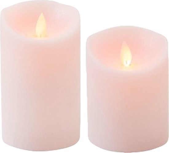 LED kaarsen/stompkaarsen - set 2x - roze - H10 en H12,5 cm - bewegende vlam