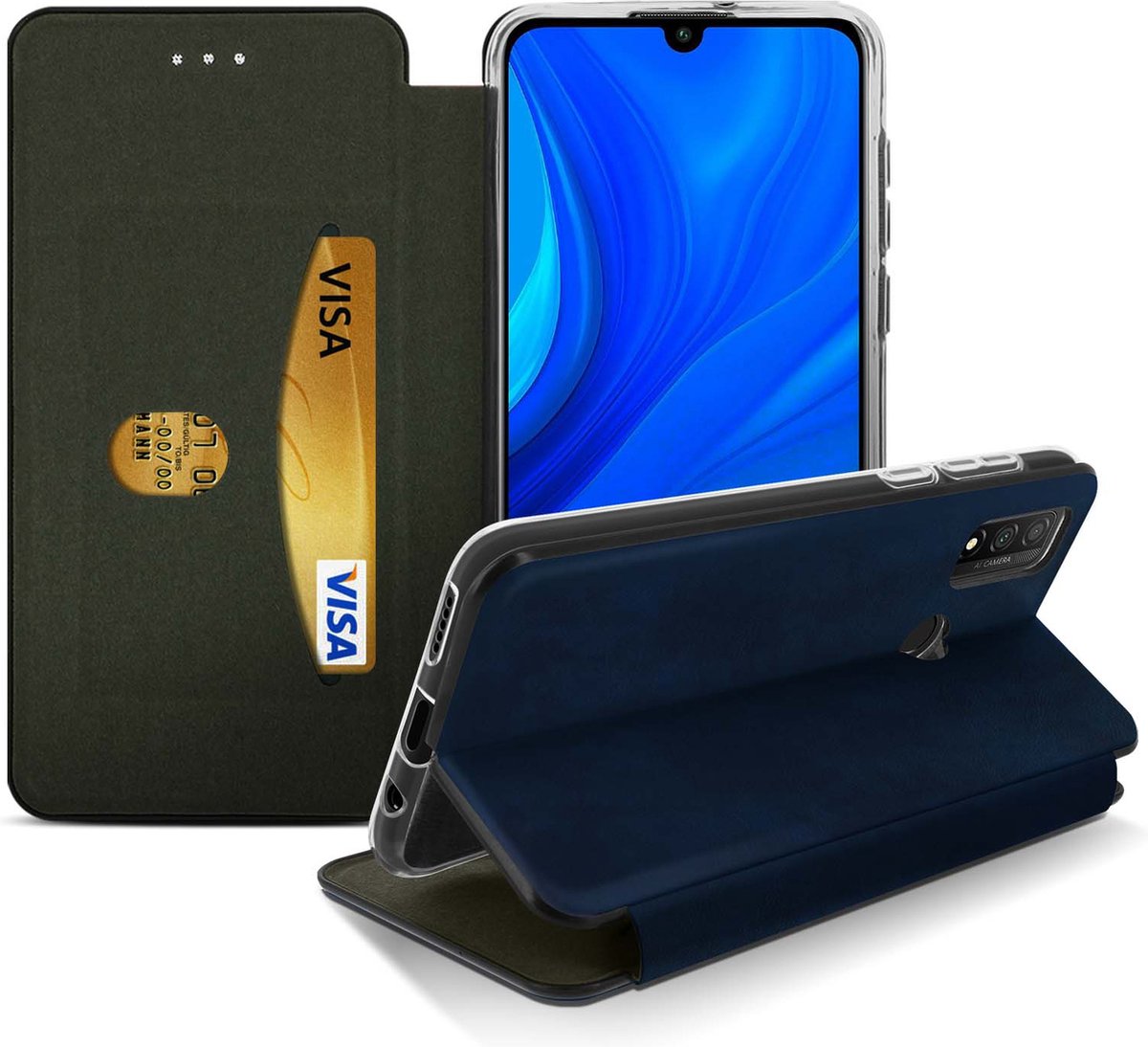 Geschikt voor Huawei P smart 2020 Hoesje Leer Textuur Kaarthouder+Standaard – Blauw