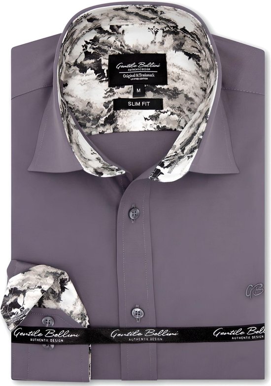 Grijs overhemd met een subtiel patroon op de kraagvoering en manchet, Slim Fit.