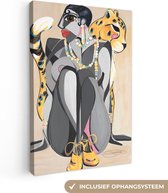 Canvas Schilderij Vrouw - Luipaard - Dieren - Abstract - 60x90 cm - Wanddecoratie