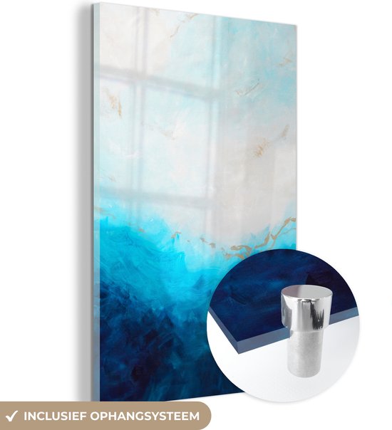 MuchoWow® Glasschilderij 100x150 cm - Schilderij acrylglas - Verf - Zee - Blauw - Abstract - Goud - Foto op glas - Schilderijen