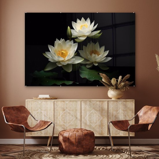 MuchoWow® Peinture sur verre 150x100 cm - Peinture sur verre acrylique - Lotus - Fleurs - Wit - Nature - Zwart - Photo sur verre - Peintures