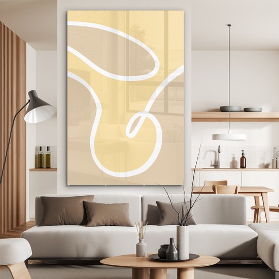 MuchoWow® Peinture sur verre 100x150 cm - Peinture sur verre acrylique - Abstrait - Formes - Jaune - Wit - Photo sur verre - Peintures