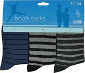 Jongens sokken - katoen 6 paar - stripes15 - maat 35/38 - assortiment grijs/blauw - naadloos