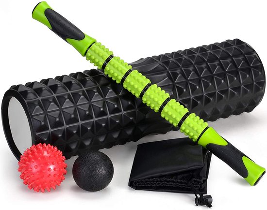 5-in-1, foamroller, met rollerstick en massageballen voor fasciatraining van de Spieren, Zwart