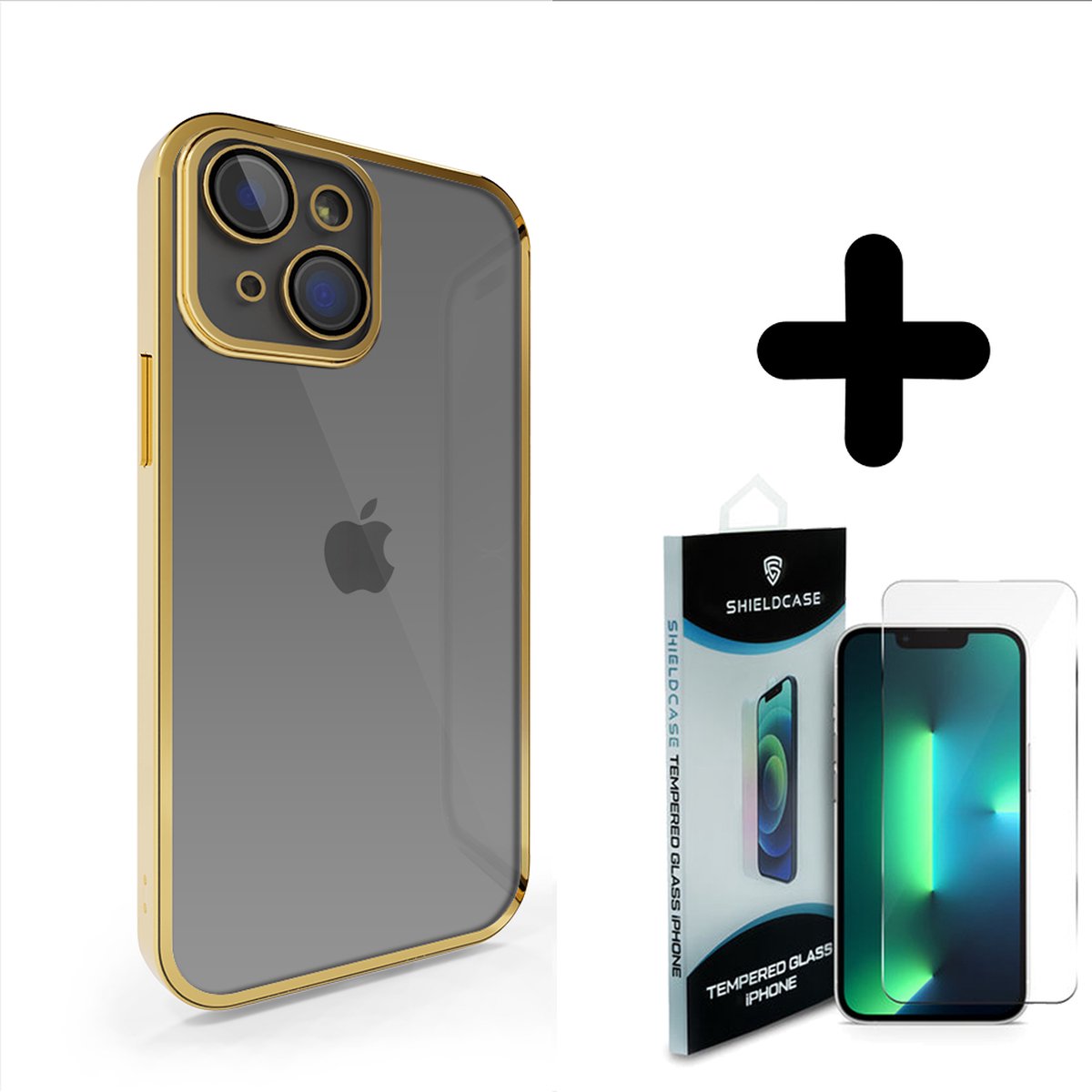 Coverzs geschikt voor iPhone 14 Plus hoesje clear soft case camera cover (goud) + ShieldCase screenprotector - beschermglas iPhone bescherming - iPhone case bescherm hoesje + Screenprotector