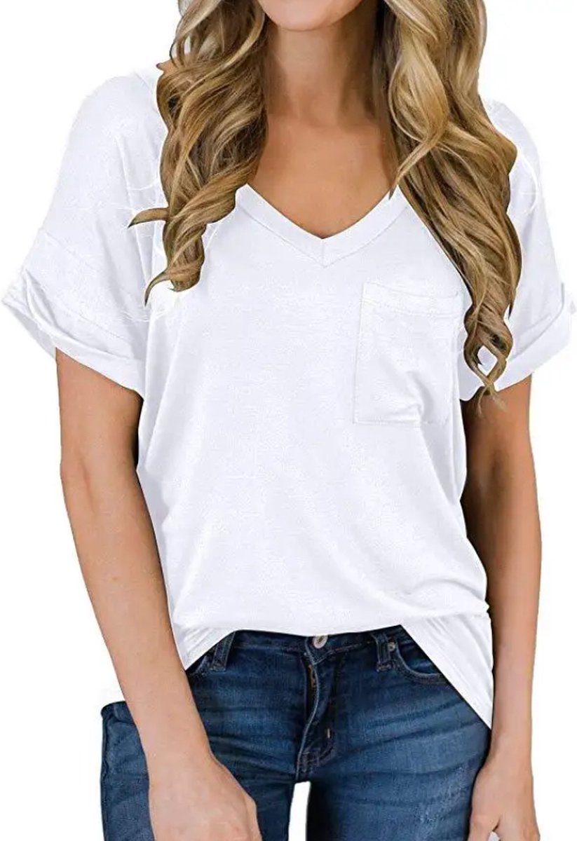 ASTRADAVI Casual Wear - Dames V-Hals T-Shirts met Borstzakje - Trendy Opgerolde Mouwen - Wit/Medium
