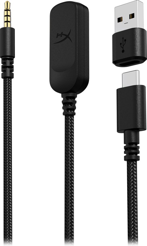 Zwarte HyperX headsetkabel met 3.5mm jack, USB-C en USB-A adapter.