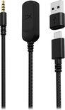 Zwarte HyperX headsetkabel met 3.5mm jack, USB-C en USB-A adapter.