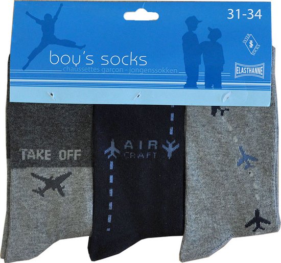 Jongens sokken - katoen 6 paar - aircraft - maat 27/30 - assortiment grijs/marine - naadloos