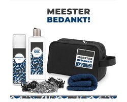 Geschenkset "Meester bedankt" - 4 producten - 500 gram - Triomf Cosmetica | Giftset Cadeautje Man Cadeau voor Hem Set Meesterdag Geschenk Toilettas Gastendoekje Navy, Douchegel & Deodorant Leraar Docent Leerkracht Blauw