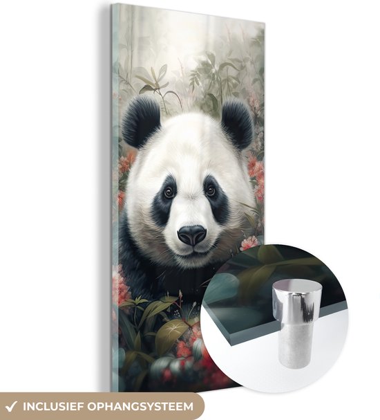 MuchoWow® Glasschilderij 20x40 cm - Schilderij acrylglas - Panda - Wilde dieren - Bloemen - Natuur - Foto op glas - Schilderijen