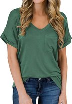 ASTRADAVI Casual Wear - T- Shirts à col en V pour femmes avec poche poitrine - Manches retroussées Trendy - Vert/Large