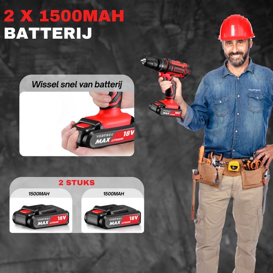 Man met rode helm en blauwe spijkerbroek, houdt VERTREX 18V accuboormachine vast. Twee 1500MAH accu's.
