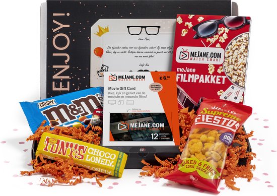 Vaderdag Filmpakket - mooie 'super papa' filmbox met persoonlijk bericht - Jimmy's Popcorn - Fiesto's - M&Ms - Tony's Chocolonely - film cadeaukaart - Thuis bioscoop - meJane.com - cadeau voor papa